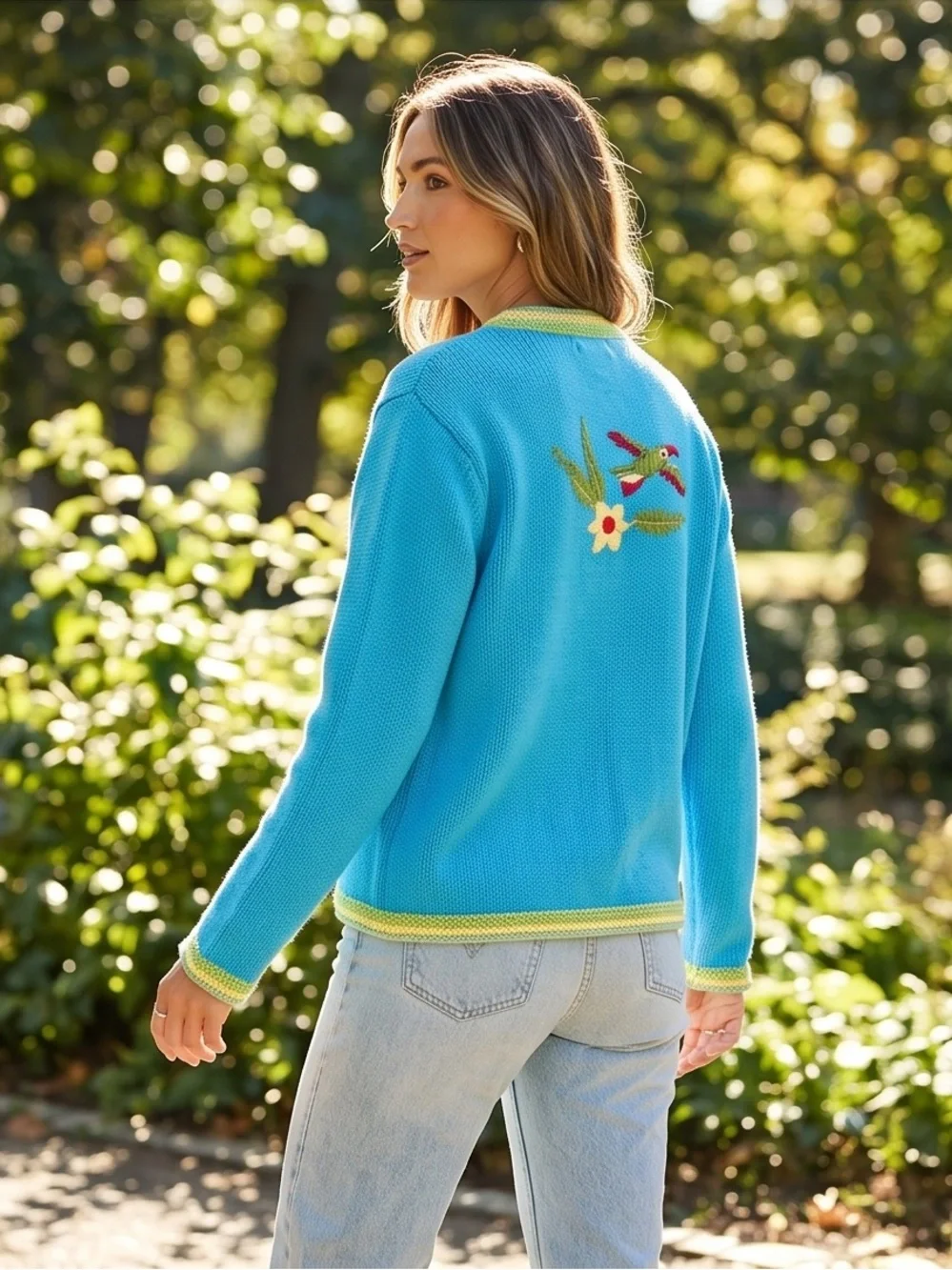 Handknits by Storybook Kruts Tropical Parrot Cardigan Turq Embroidery Sweater Lg